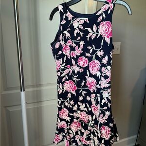 Women’s dress, size petite medium. Navy with pink roses.
